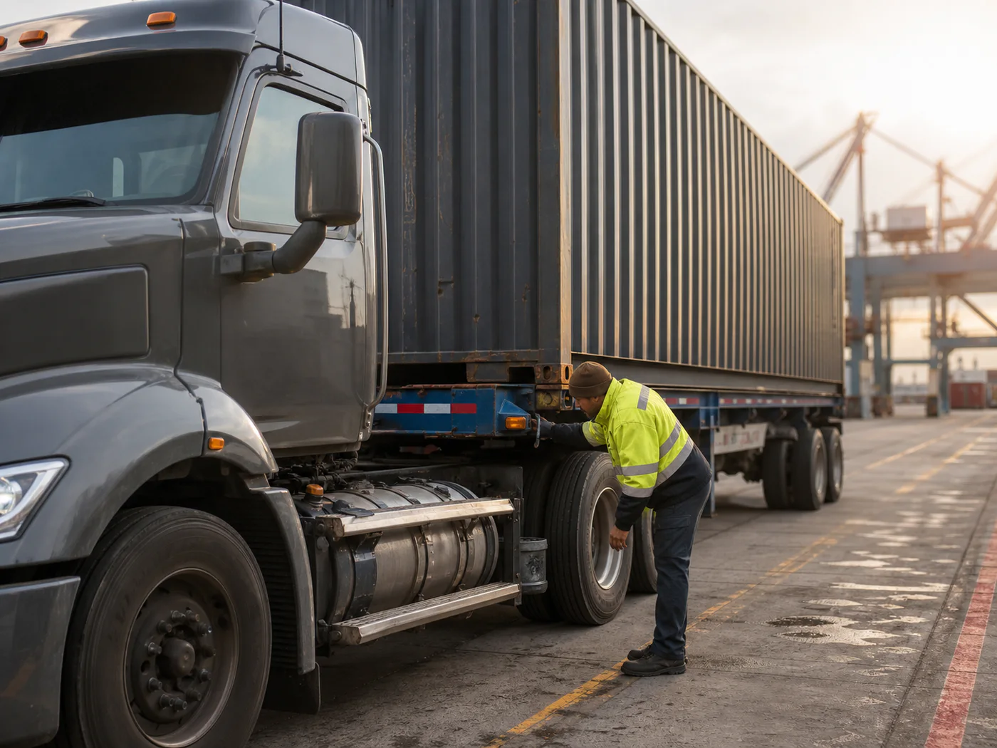 A container-truck driver completing a pre-trip inspection